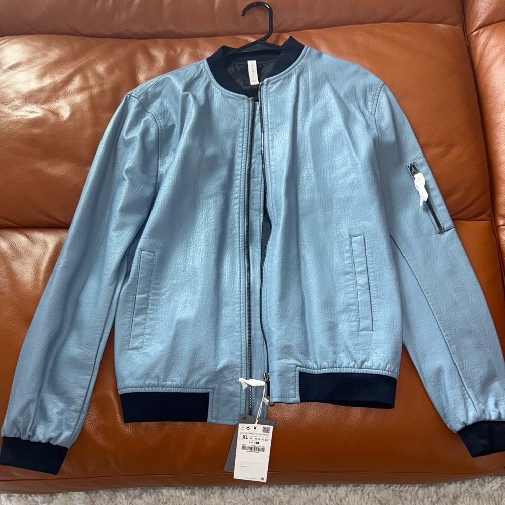 NWOT Zara Light Blue Bomber Jacket with Black Trim